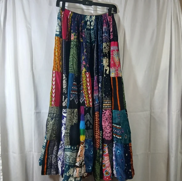 Womens Patchwork Long Maxi Peasant Skirt Boho Heavy Hippie Gypsy Colorful - Picture 6 of 10